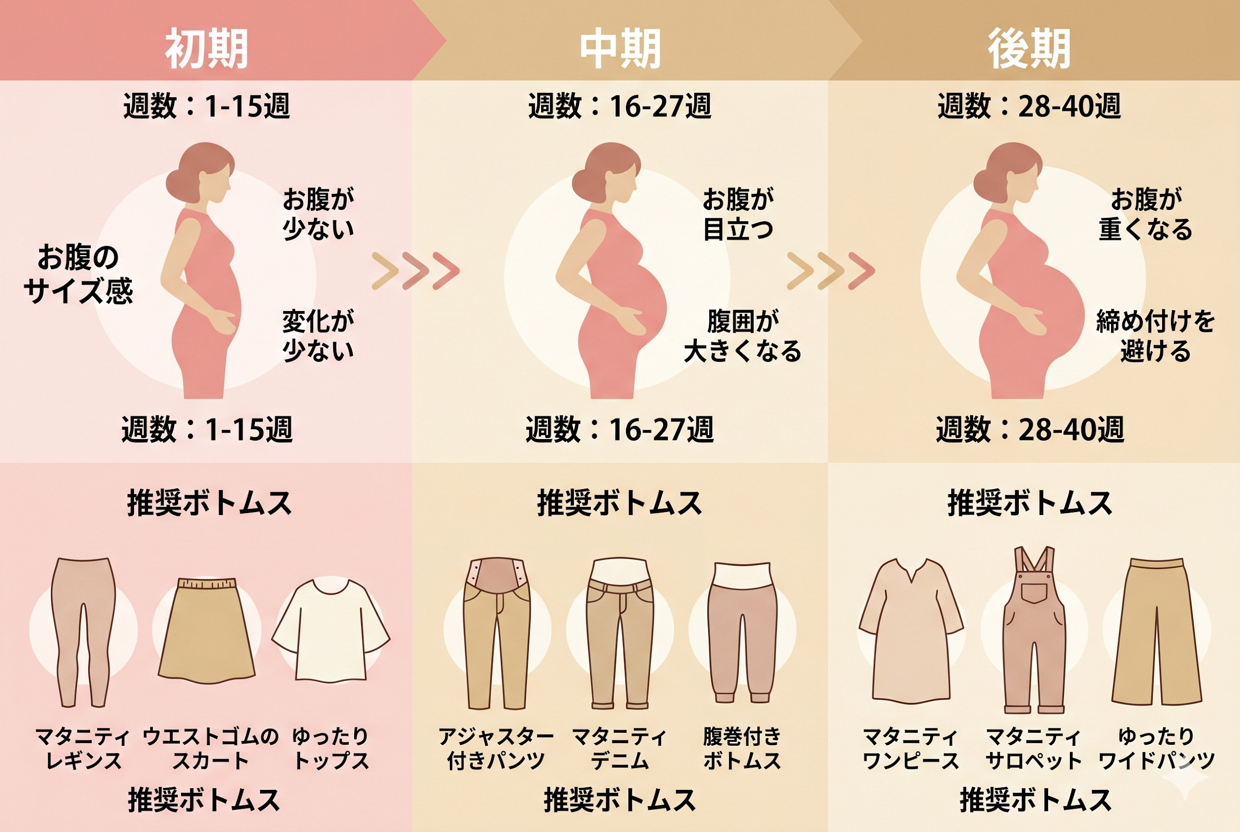 妊娠週数別の服装選び（初期・中期・後期）