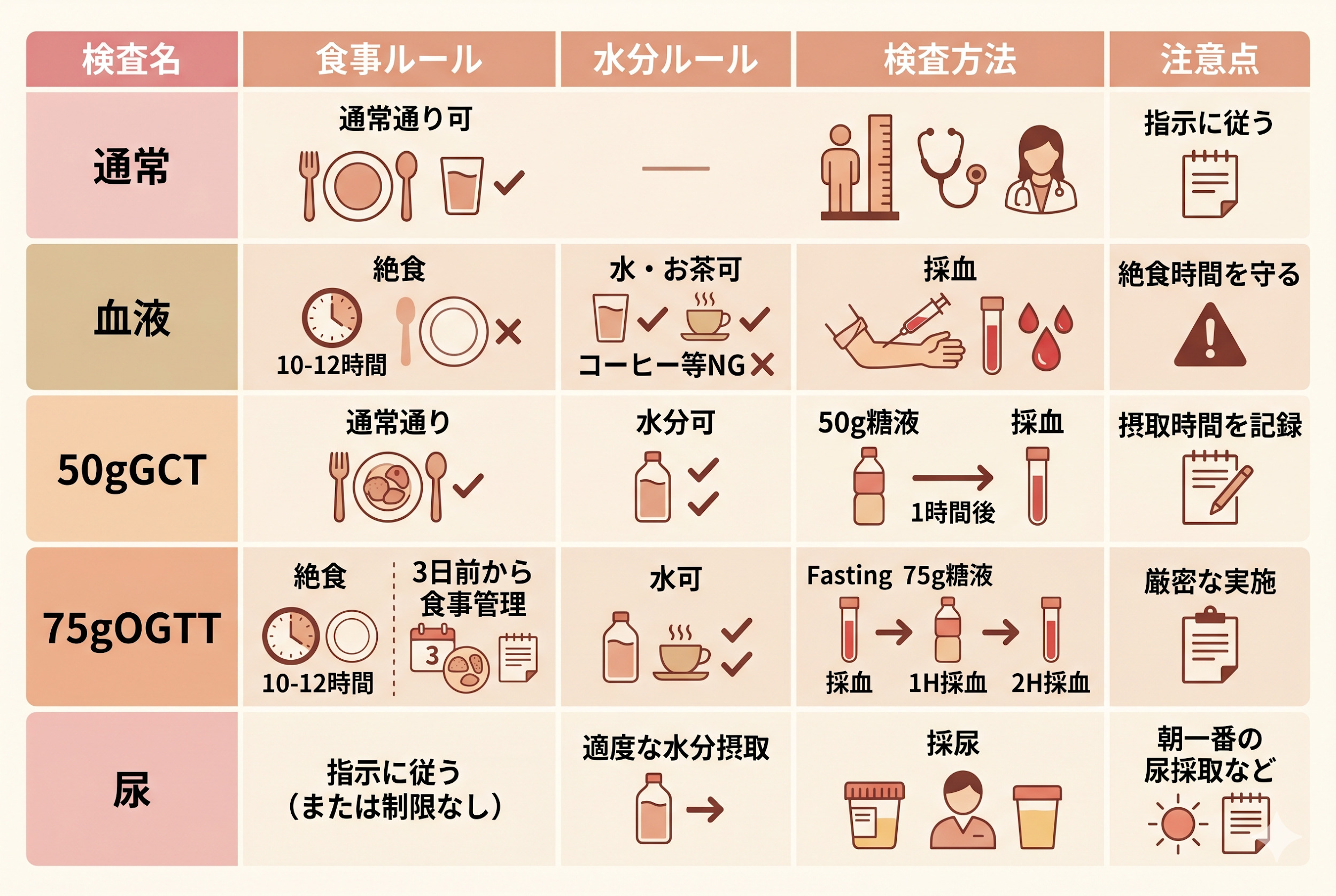 各種検査（通常、血液、50gGCT、75gOGTT、尿）の食事・水分ルール・検査方法・注意点一覧表