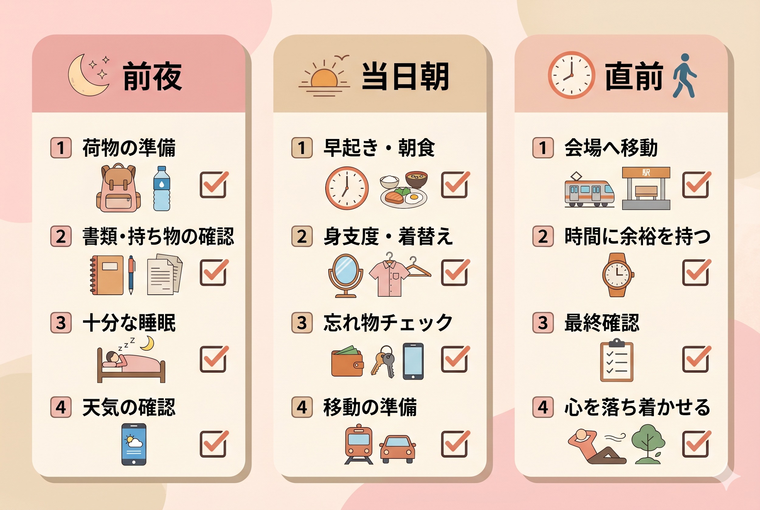 前夜・当日朝・直前の3タイムラインチェックリスト