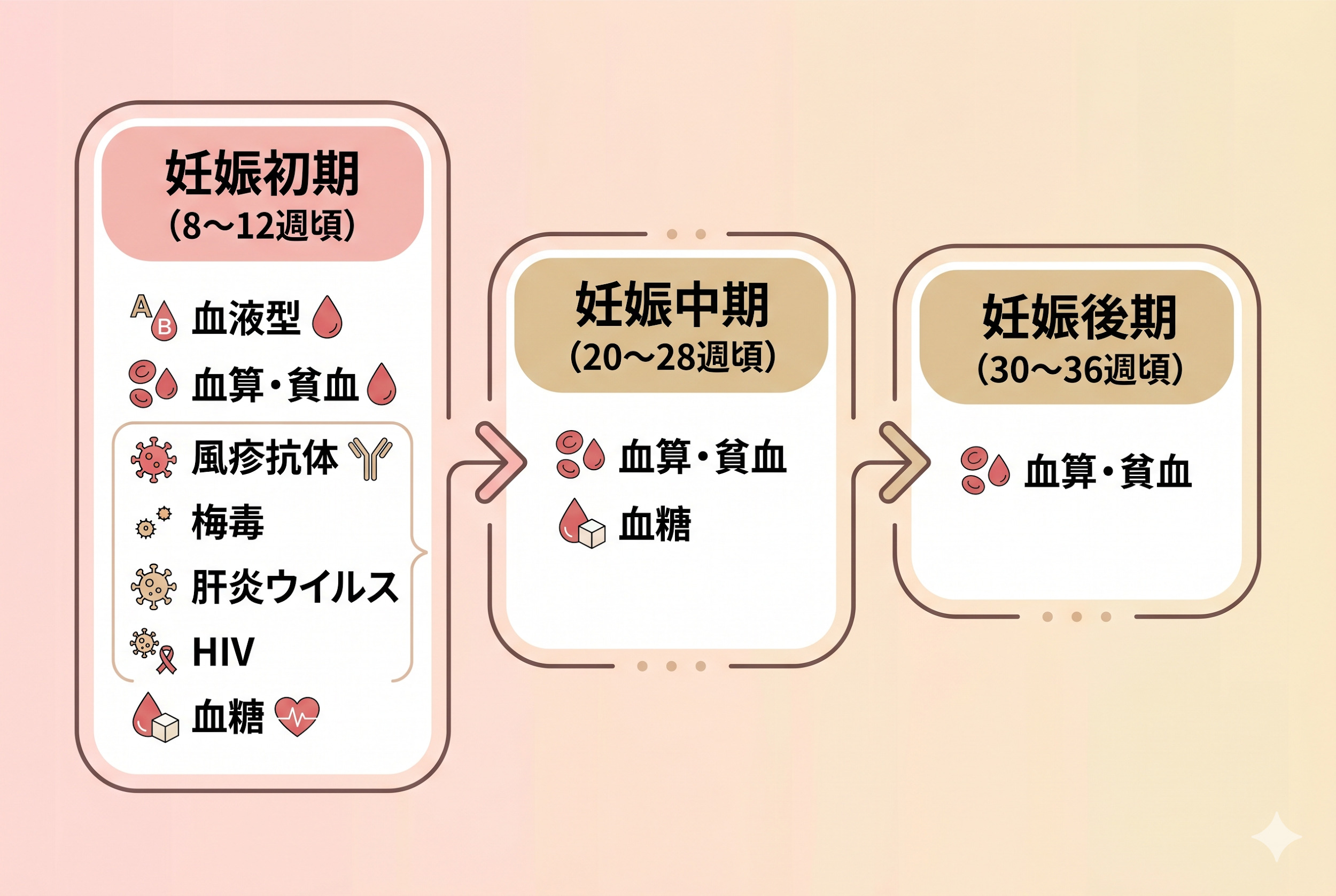 妊娠時期ごとの主な血液検査項目の流れ（初期・中期・後期）
